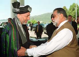 Pakistani Prime Minister Mir Zafarullah Khan Jamali greets Afghan President Hamid Karzai 