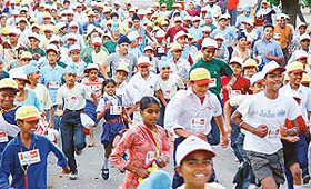 Children from different schools participate in a run-for-peace organised by The Tribune Group at the Rock Garden in Chandigarh on Sunday. 