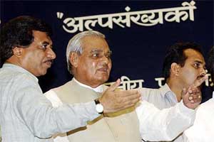 Prime Minister Atal Behari Vajpayee gestures during a national convention