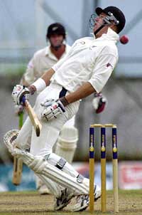 New Zealand's Jacob Oram avoids a bouncer during the third day of the second Test match