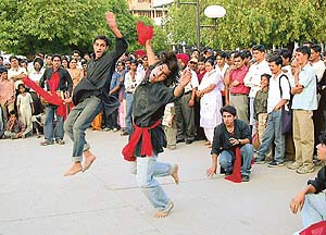 Agaaz group of students from DAV College, Sector 10, stage a street play Man ki Bhadas at the Plaza, Sector 17, Chandigarh, on Tuesday.