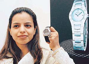 Ms Sharmili Rajput, brand manager of Tissot India, displays the latest creation T-touch watch at Ethos in Sector 8, Chandigarh, on Tuesday. 