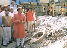 Union Minister of State for Labour Vijay Goel inspecting civil works in the old Chandrawal area in the Capital
