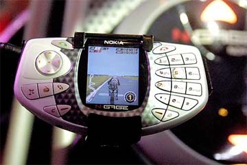 A prototype of N-Gage, the new Nokia mobile game deck, is on display at the Electronics Entertainment Expo in Los Angeles