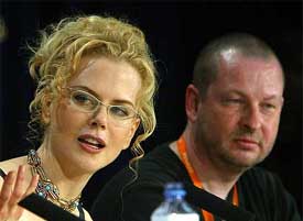 Australian actress Nicole Kidman and Danish director Lars Von Trier attend the Press conference for Trier's latest film Dogville