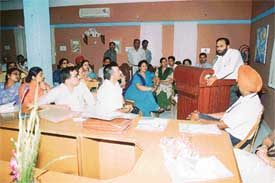 Mr Virendra Singh, Adviser to the Chandigarh Administrator, addresses teachers during a nature study camp at DAV Senior Secondary School