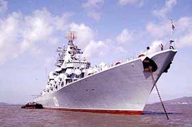 Russian Cruiser anchored near a Mumbai port participates in a joint Indo-Russian naval exercise