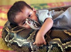 Three-year-old Cambodian boy Oeun Sambath hugs his best friend