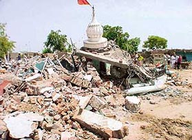 A temple razed during anti-encroachment drive in Faidan and Jhhumru villages near Chandigarh