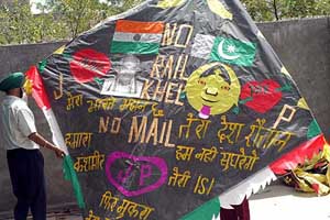 A kite maker, who claims to enter the Limca Book of Records, for making a 12-foot square-shaped kite with anti-Pakistan slogans written on it