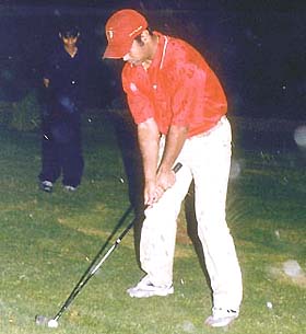 Tennis ace Leander Paes tries out a different ball game at the Jaypee Greens Golf Course