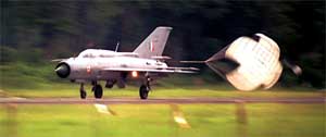An Indian Air Force fighter aircraft lands after an air exercise