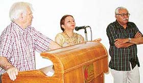 Father Hank Nunn, Mrs Usha Srinath and Col A.K. Mehndiratta from Athma Shakti Vidyalaya, Bangalore, deliver a talk at the Chandigarh Club