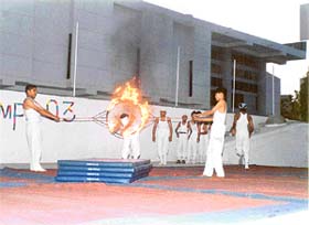 A camper performs a dare-devil feat at the vedic karmyoga summer camp held in B.C.M. Arya Model Senior Secondary School in Ludhiana