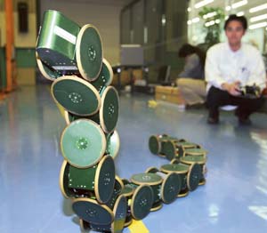 A member of International Rescue System Institute demonstrates the snake-like robot ACM-R3 in Kawasaki, south of Tokyo.