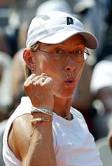 Martina Navratilova of the USA reacts in her women's doubles