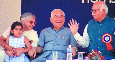 Deputy Prime Minister L.K. Advani with Delhi BJP president Madan Lal Khurana, Chief Minister Sheila Dikshit and her granddaughter during the stone-laying
