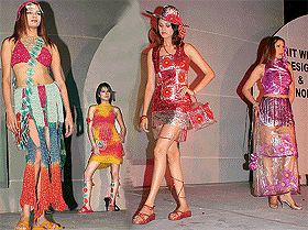 Models display dresses designed by passing-out students of NIIFT at Anukama 2003 at Dara Film Studio in SAS Nagar on Thursday. 