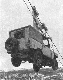 A jeep is transported by an aerial ropeway in Himachal.