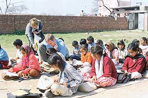 Teachers from Kent County, who visited Punjab in March, are seen interacting with students of Government Primary School, Bheora, near Ropar.