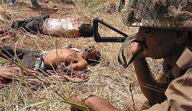 A BSF jawan watches bodies of Pakistani infiltrators in R.S. Pura sector 