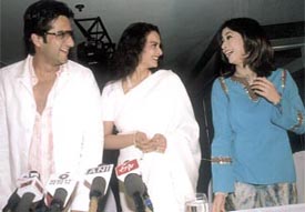 Fardeen Khan, Rekha and Urmila during a press conference in the Capital