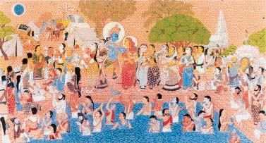 A rare painting showing Lord Krishna on the banks of the Sannehit Sarovar on solar eclipse day