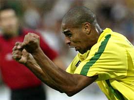 Adriano of Brazil reacts after scoring against USA 