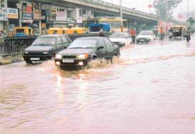 A submerged G.T.Road near the Dholewal chowk