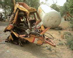 The mangled remains of an LPG gas tanker