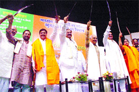 BJP stalwarts at a meeting organised by the state unit at Talkatora Stadium