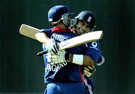 England's opening batsman Vikram Solanki celebrates his maiden international century