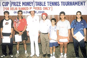 The title winners of the Delhi Champion Cup Table Tennis Tournament with Delhi Table Tennis Association organising secretary Hukam Singh and chief guest Randhir Singh Yadav.