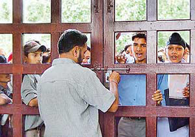 Students without Chandigarh domicile certificates are barred from entering the centralised admission centre on the first day of admissions to Class XI of government schools at GMSSS, Sector 23, Chandigarh, on Wednesday. 