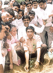 GREEN FINGERS: Oscar Fernandes, Nafisa Ali and activists of the Delhi Youth Congress during the inauguration of Priyadarshni Tree Plantation drive to create awareness for the city environment at Rajokari village in the Capital on Wednesday