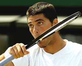 Australia's Mark Philippoussis reacts during his quarterfinal match against Alexander Popp of Germany