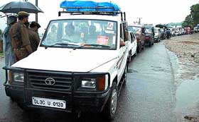 Police check vehicles of Amarnath pilgrims on the Jammu-Srinagar National Highway