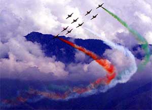 Indian Air Force planes release trails of smoke of the Tricolour 