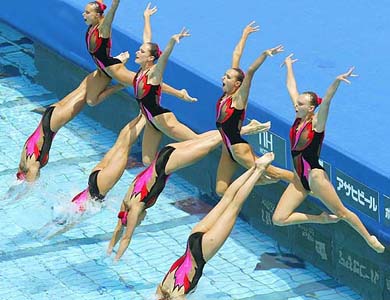 The Russian team performs in the synchronised swimming team event 