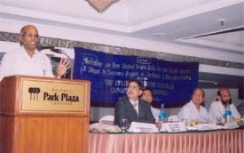 Mr V. Laxmi Kumar of the Synthetic and Rayon Textile Export Promotion Council speaks at a workshop on Central excise rules