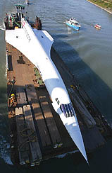 An Air France Concorde F-BVFB is transported on the Rhine river