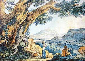 'Travellers in a Landscape', ca. 1787. Painting by Goethe in the Bibliotheca Bodmeriana