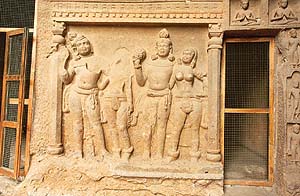 Gajasena and Gajamitra and their wives depicted at the entrance of cave no. 3
