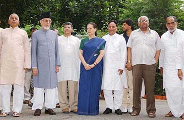Congress President Sonia Gandhi with Opposition party leaders before a meeting at her residence in New Delhi