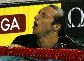 Australias Olympic and world champion Ian Thorpe reacts after winning his 400 metre freestyle heat at the 10th World Swimming Championships