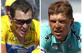 US Postal team rider Lance Armstrong of the USA and Bianchi team rider Jan Ullrich of Germany