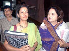 Bollywood star and Rajya Sabha MP Shabana Aazmi and BJP MP Maya Singh arrive at Parliament House
