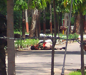 A terrorist lies dead outside an Army camp in Akhnoor on Tuesday.