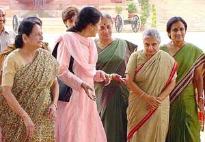 All-India Mahila Congress President Rita Bahuguna Joashi, who led a womens delegation of her party, including Sheila Dikshit, Margaret Alva, Ambica Soni, Mohsina Kidwai, coming out from Rashtrapati Bhavan after meeting Dr A.P.J. Abdul Kalam 