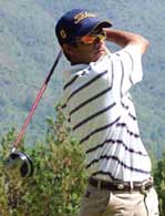 Digvijay Singh drives a long shot on the penultimate day of the Kashmir Open